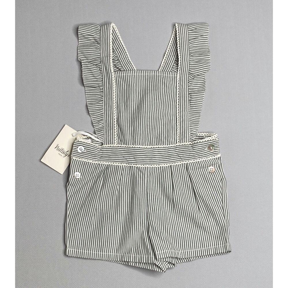 NWT Natalys Paris Ruffled Gray Metallic Stripe Adelaide Romper Girls 6 Mo